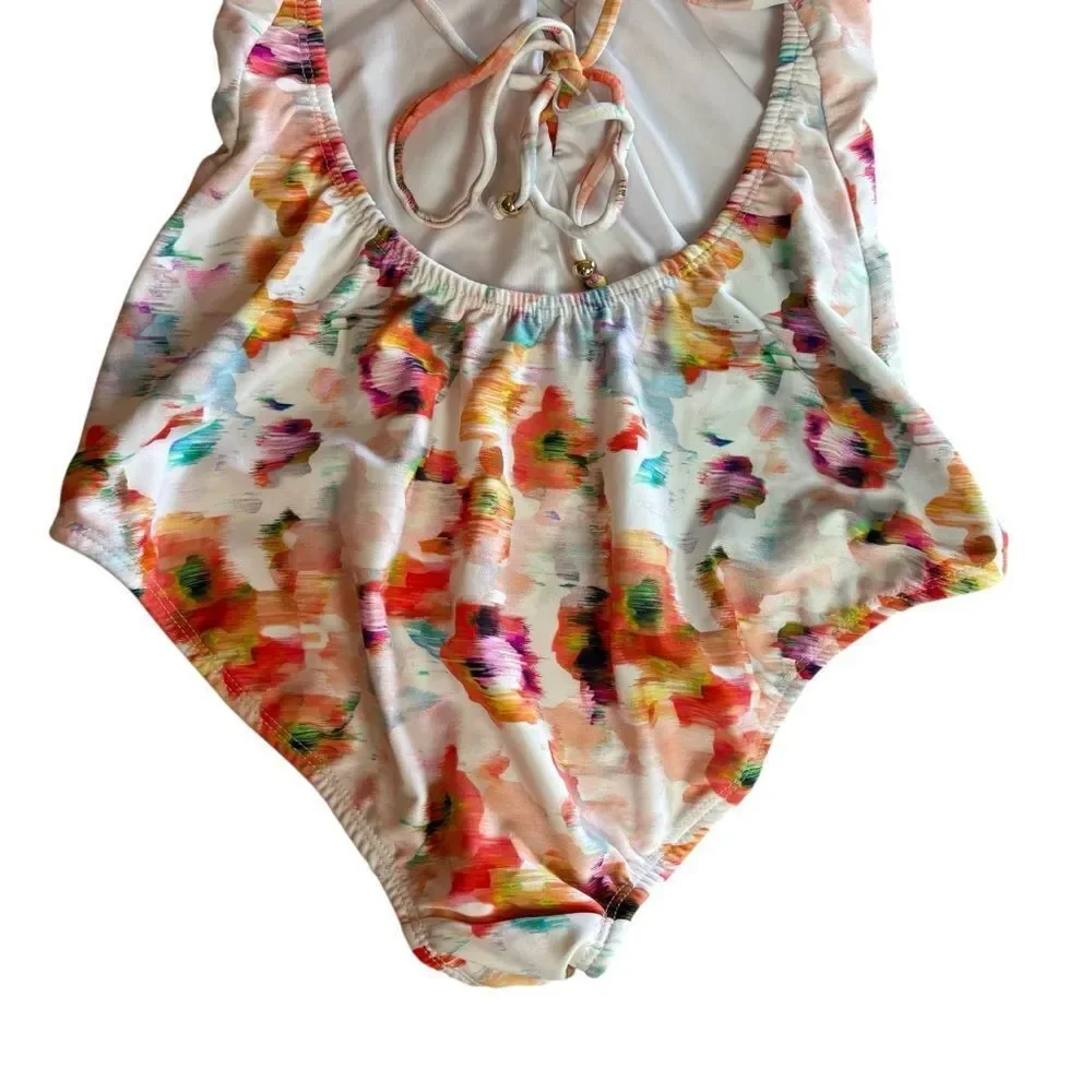Shoshanna Deep V Halter One Piece Lace Up Swimsuit Bathing Suit Size 6 $230